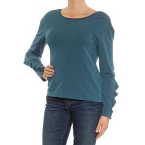 BAR III Womens Teal Ruffled Low Back Long Sleeve Jewel Neck Top XS